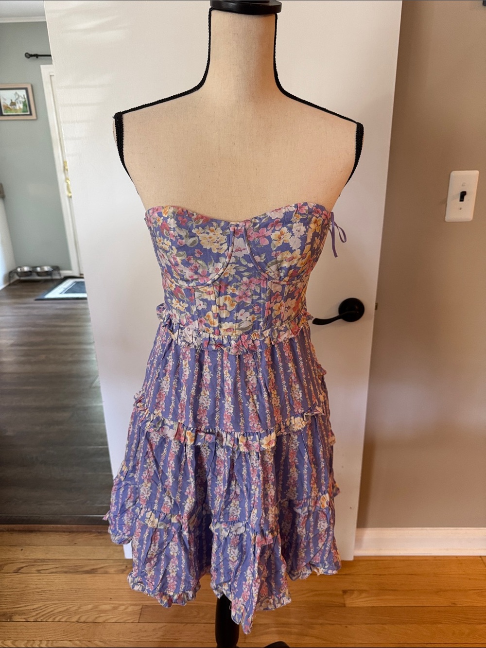 Altar'd State Lavender Floral Strapless Ruffle Dress